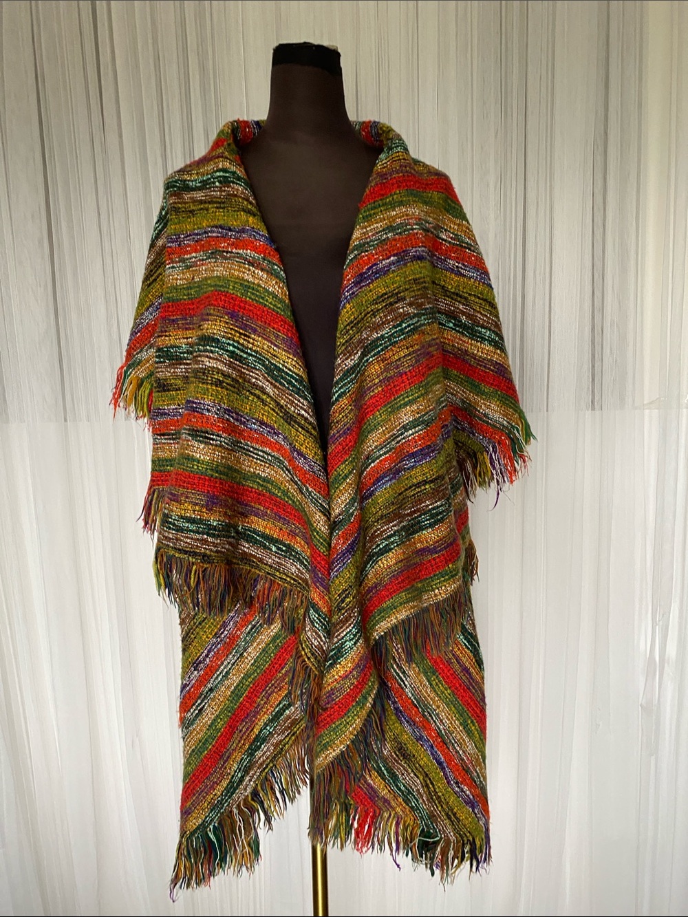 Multicolor Striped Fringe Wrap Poncho Coatigan - 100% Wool Women One Size